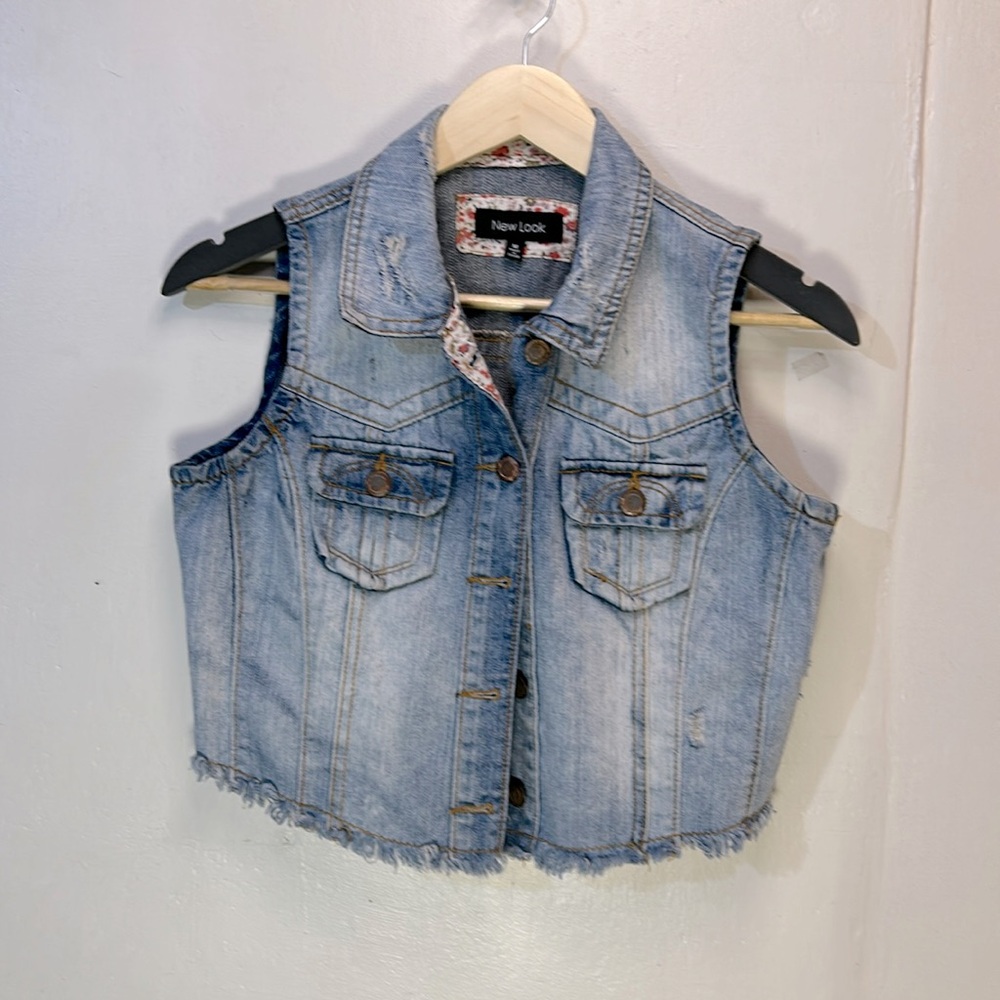 New Look Denim Cropped Distressed Vest-M-#0017